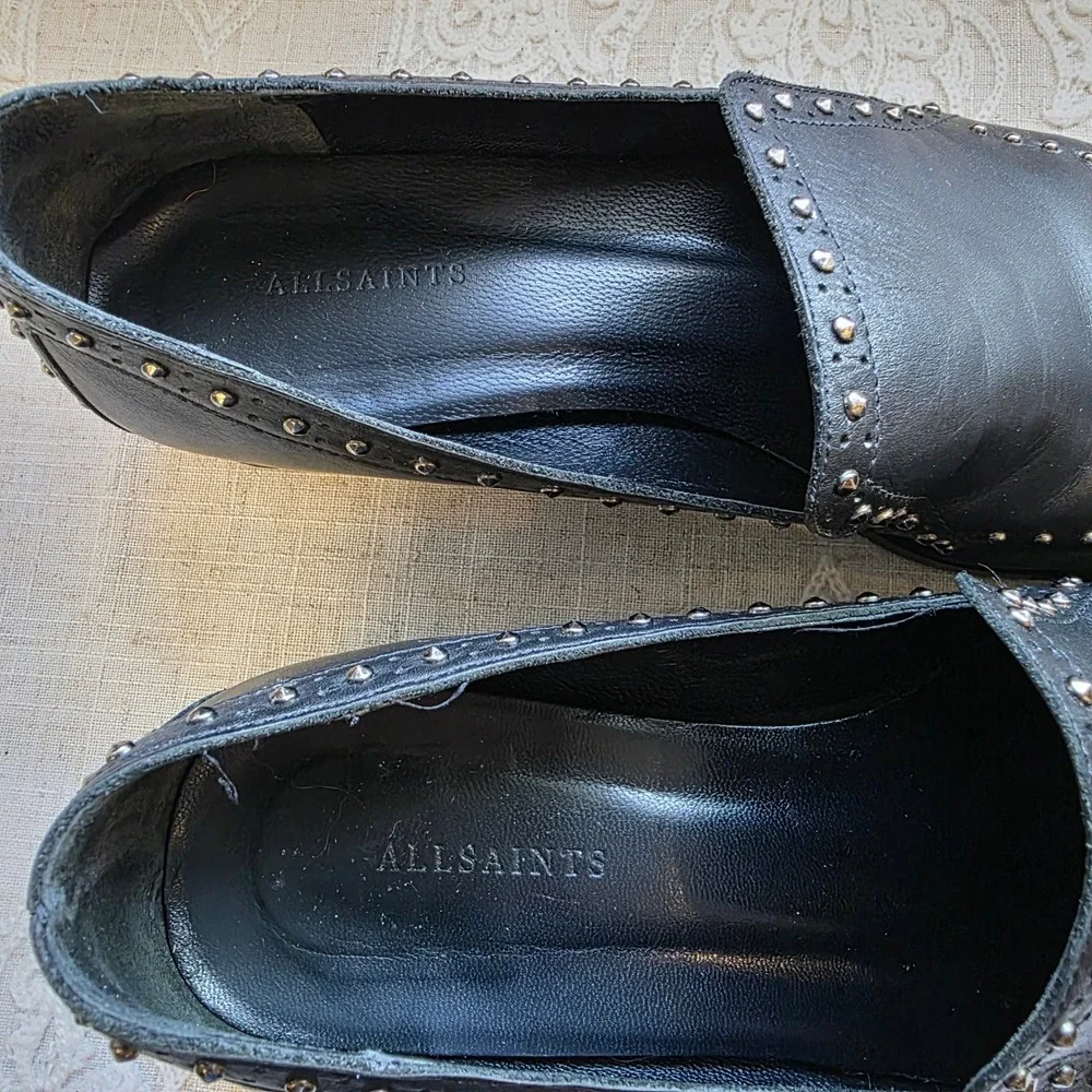 AllSaints Leather Studded Loafers 39 8.5 Black Silver Stud Slip On Shoe Portugal